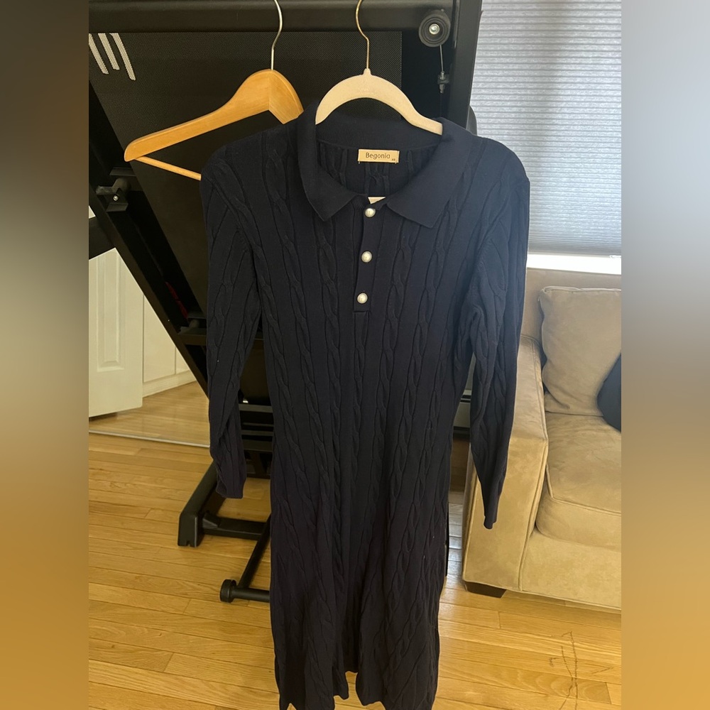 Navy Cable Knit Long Sleeve Dress